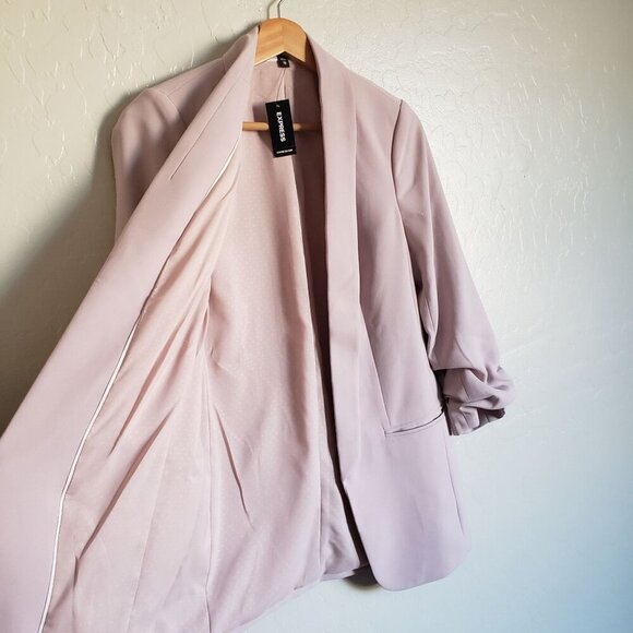 Express Ruched Sleeve Boyfriend Blazer Jacket Open Front Petal Pink Size XS NEW - Picture 7 of 12